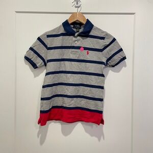 Polo Ralph‎ Lauren Boys Gray Blue Striped Short Sleeve Polo Shirt Size M 10-12